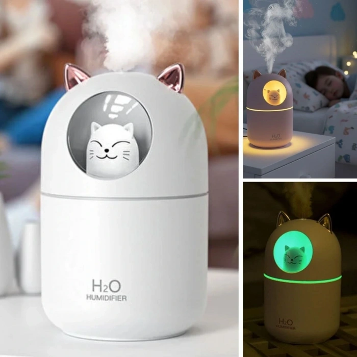 Kedicik Figürlü Hava Nemlendirici – Ultrasonik Soğuk Buhar Makinesi, Led Işıklı Masaüstü Oda Nemlendirici