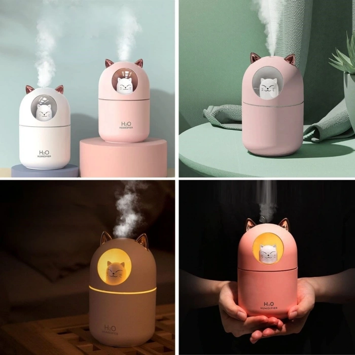 Kedicik Figürlü Hava Nemlendirici – Ultrasonik Soğuk Buhar Makinesi, Led Işıklı Masaüstü Oda Nemlendirici