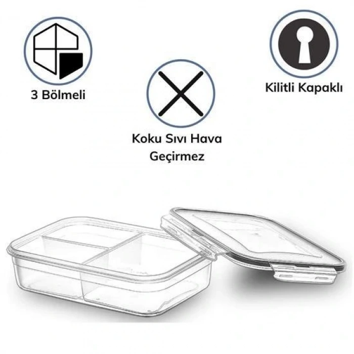 Leyloş 3 Bölmeli Kilitli Kapaklı 1 Litre Erzak Saklama Kabı Lc-510
