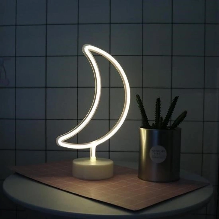 Leyloş Dekoratif Pilli Ay Tasarımlı 3d Neon Led Masa Ve Gece Lambası