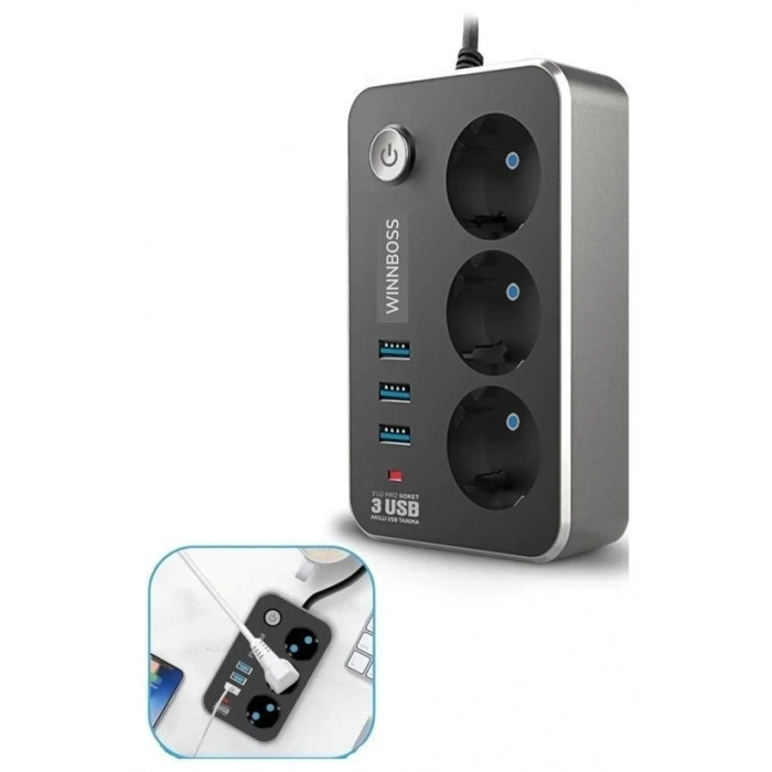 Leyloş Isıya Dayanıklı Termal Akım Korumalı 2 Mt 10a 2500w 3lü Priz Ve 3 Usbi 21a Uzatma Kablosu