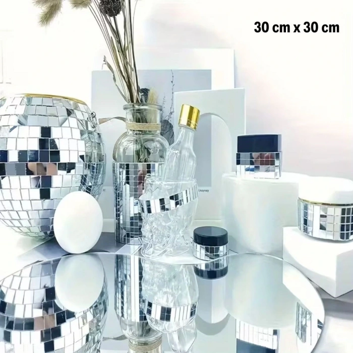 Leyloş Kare Silver Cam Mozaik Fayans Çıkartmaları El İşi Kare Cam Fayans Kendinden Yapışkanlı Aynalı Dekor Panel 30x30 Cm