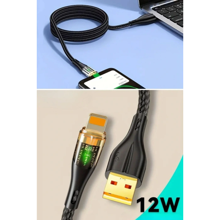 Leyloş Led Işık Uçlu Sağlam İp Kablolu Usb To Lightning Hızlı Şarj Kablosu