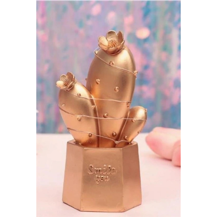 Leyloş Led Işıklı Sevimli Kaktüs Dekoratif Masa Lambası Mini Biblo Gece Lambası Gold