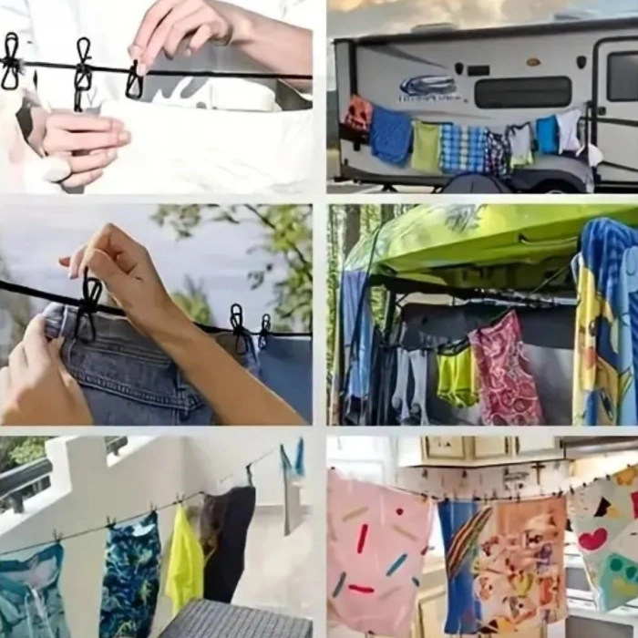 Leyloş Taşınabilir Seyahat Çamaşır İpi 12 Mandallı Klipsli Lastikli Çamaşır Mandalları