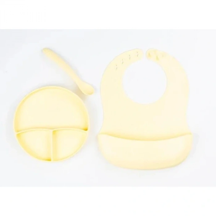 Sarı 3’lü Silikon Yemek Seti – Önlük + Diş Kaşıyıcılı Kaşık + Vakumlu Tabak
