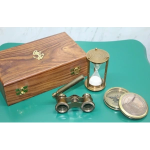 Ahşap Kutulu Pirinç Pusula, Kum Saati, Dürbün Seti