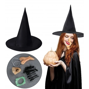 Cadı Kostümü Seti - Şapka, Tırnak, Burun, Çene, Diş