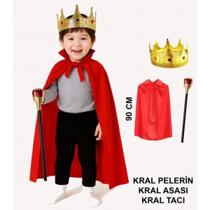 Çocuk Kral Kostüm Seti – Kırmızı Pelerin, Taç Ve Asa (90 Cm)