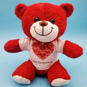 Kalpli Seni Seviyorum Tişörtlü Kırmızı Peluş Ayıcık
