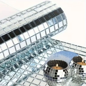 Leyloş Kare Silver Cam Mozaik Fayans Çıkartmaları El İşi Kare Cam Fayans Kendinden Yapışkanlı Aynalı Dekor Panel 30x30 Cm