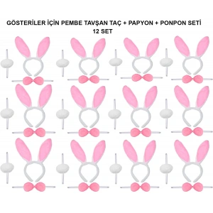 Pembe Tavşan Kostüm Seti – Taç, Papyon, Ponpon (12’li Paket)