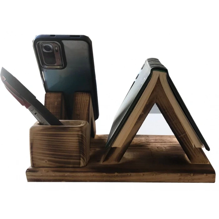 DEKORATİF AHŞAP KİTAP AYRACI TELEFON STANDI KALEMLİKLİ