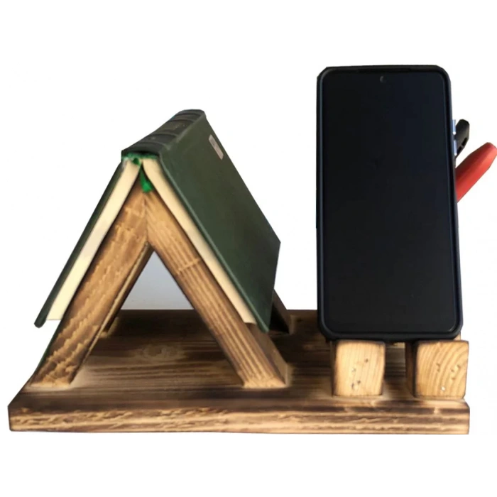 DEKORATİF AHŞAP KİTAP AYRACI TELEFON STANDI KALEMLİKLİ