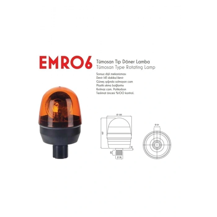 Tümosan Erkunt Traktör Galaxi Döner Lamba Tepe Lambası 12V AMPÜLLÜ SARI