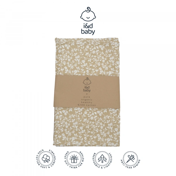 1 Adet Haki Çiçek Desen 80X90 cm %100 Pamuk Tek Katlı Müslin Kumaş Bebek Örtüsü.