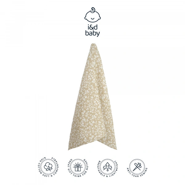 1 Adet Haki Çiçek Desen 80X90 cm %100 Pamuk Tek Katlı Müslin Kumaş Bebek Örtüsü.