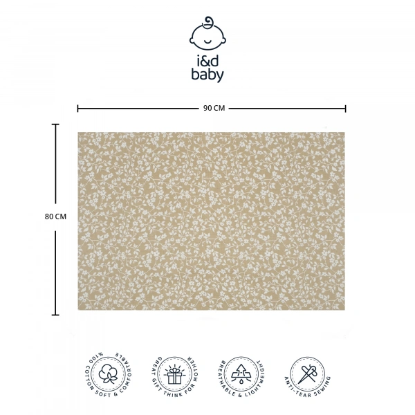 1 Adet Haki Çiçek Desen 80X90 cm %100 Pamuk Tek Katlı Müslin Kumaş Bebek Örtüsü.