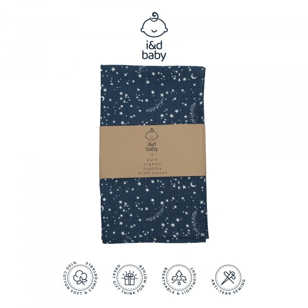 1 Adet Lacivet Yıldız Desenli 75X75 cm %100 Pamuk Tek Katlı Müslin Kumaş Bebek Örtüsü.