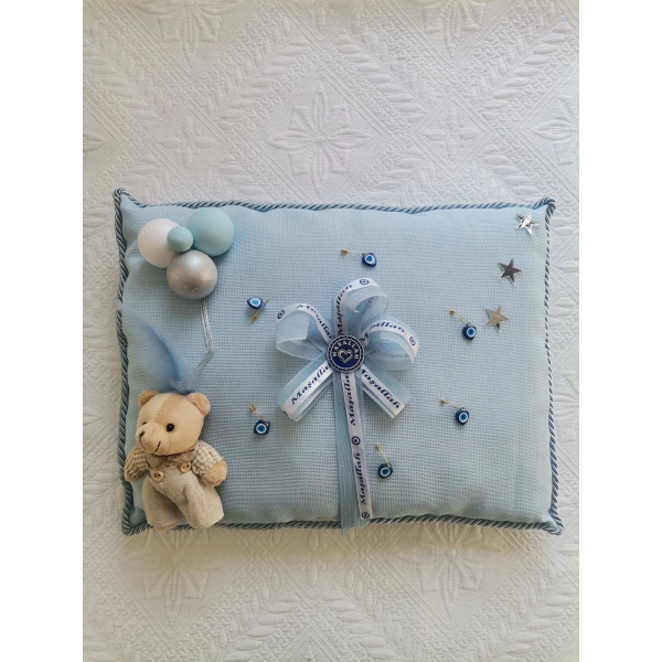 1 Adet Özel Tasarım Mavi Renk Sünnet Takı Yastığı 40 cm Uzunluk 30 cm Genişlik