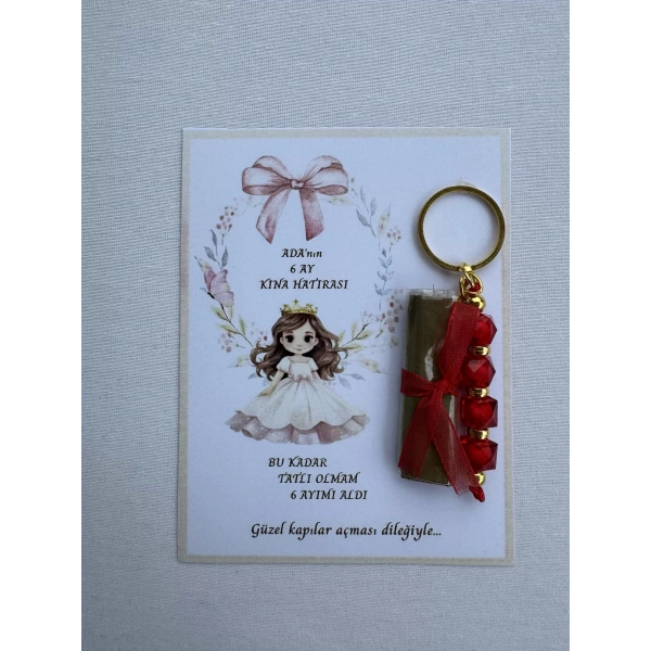 100 Adet Kişiye Özel 6 Ay Kına Hatırası Kırmızı Anahtarlık ve Paketlenmiş Kına Dağıtmalık Hediyelik