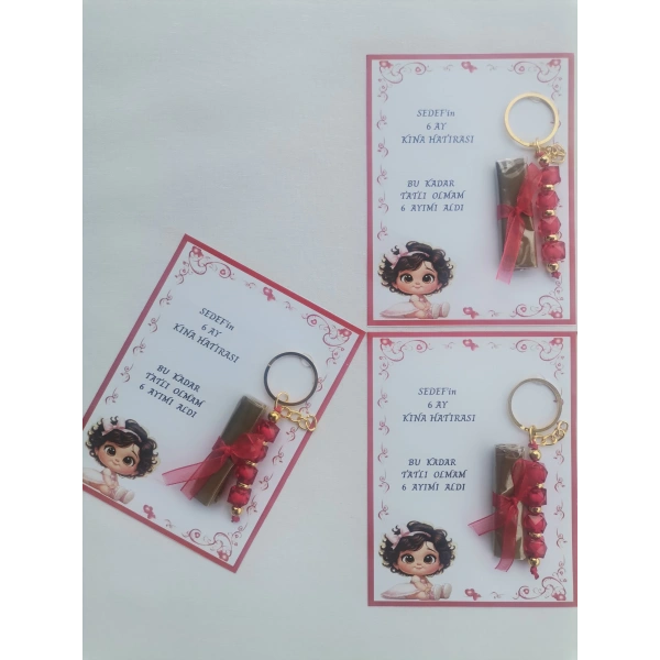 100 Adet Kişiye Özel 6 Ay Kına Hatırası Kırmızı Anahtarlık ve Paketlenmiş Kına Dağıtmalık Hediyelik