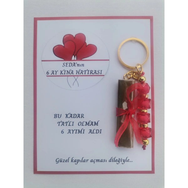 100 Adet Kişiye Özel 6 Ay Kına Hatırası Kırmızı Anahtarlık ve Paketlenmiş Kına Dağıtmalık Hediyelik