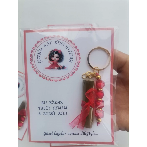 100 Adet Kişiye Özel 6 Ay Kına Hatırası Kırmızı Anahtarlık ve Paketlenmiş Kına Dağıtmalık Hediyelik