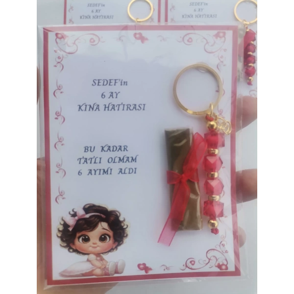 100 Adet Kişiye Özel 6 Ay Kına Hatırası Kırmızı Anahtarlık ve Paketlenmiş Kına Dağıtmalık Hediyelik