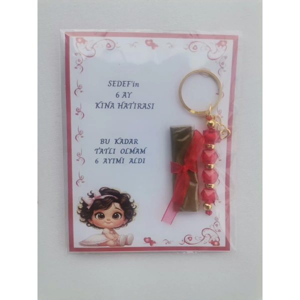 100 Adet Kişiye Özel 6 Ay Kına Hatırası Kırmızı Anahtarlık ve Paketlenmiş Kına Dağıtmalık Hediyelik