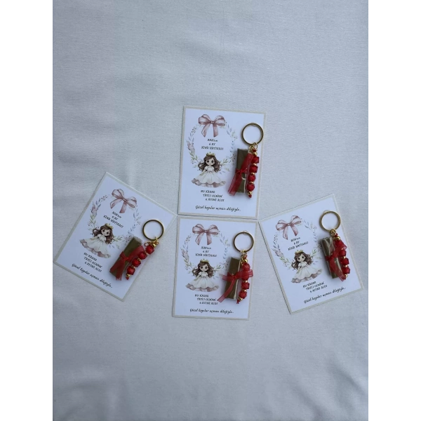 100 Adet Kişiye Özel 6 Ay Kına Hatırası Kırmızı Anahtarlık ve Paketlenmiş Kına Dağıtmalık Hediyelik