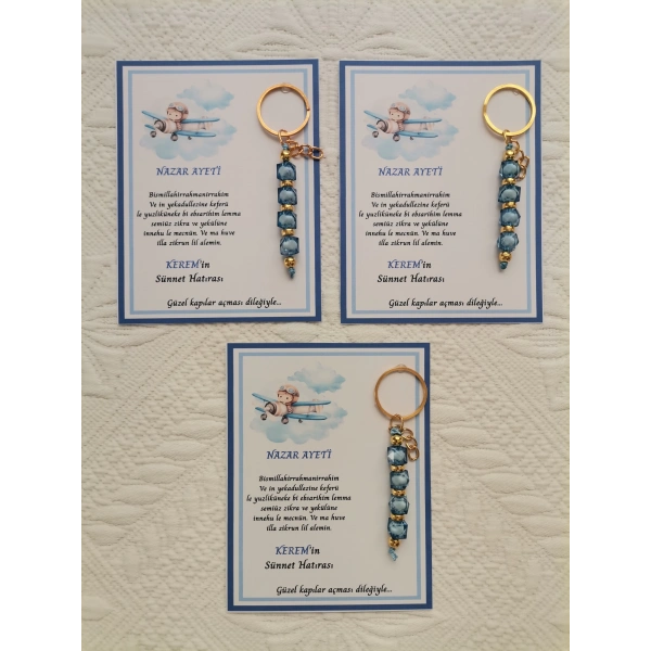 100 Adet Kişiye Özel Nazar Ayeti Sünnet Hatırası Dağıtmalık Hediyelik Mavi Renk Anahtarlık