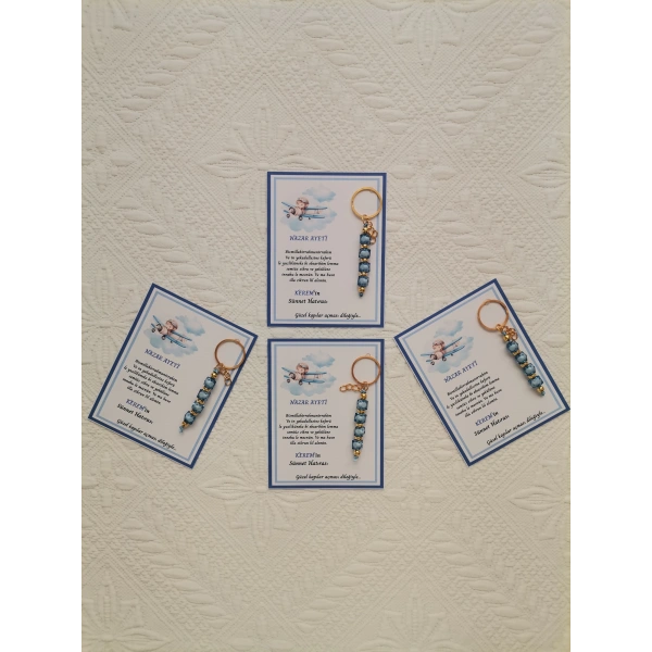 100 Adet Kişiye Özel Nazar Ayeti Sünnet Hatırası Dağıtmalık Hediyelik Mavi Renk Anahtarlık