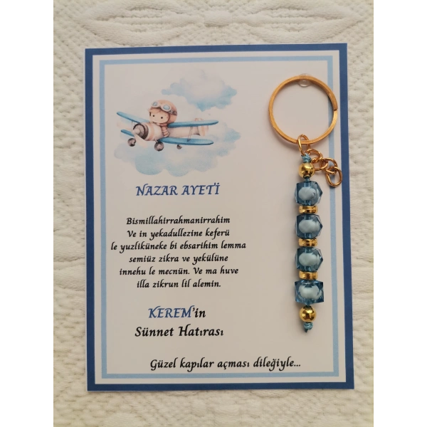 100 Adet Kişiye Özel Nazar Ayeti Sünnet Hatırası Dağıtmalık Hediyelik Mavi Renk Anahtarlık