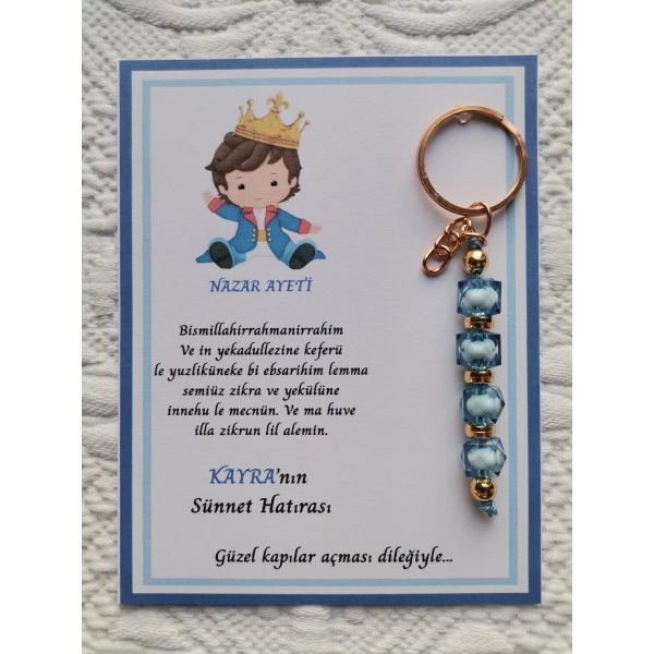 100 Adet Kişiye Özel Nazar Ayeti Sünnet Hatırası Dağıtmalık Mavi Anahtarlık Hediyelik