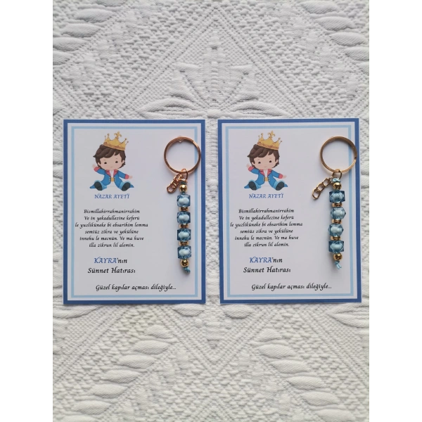 100 Adet Kişiye Özel Nazar Ayeti Sünnet Hatırası Dağıtmalık Mavi Anahtarlık Hediyelik