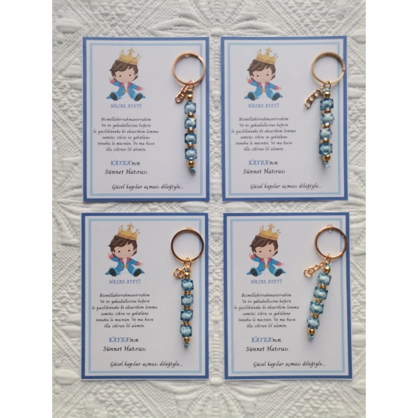 100 Adet Kişiye Özel Nazar Ayeti Sünnet Hatırası Dağıtmalık Mavi Anahtarlık Hediyelik