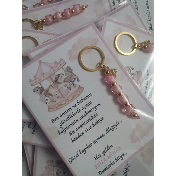 100 Adet Atlı Karınca Model Özel Tasarım Pembe Anahtarlık Hastane Yeni Doğan 40 Mevlidi Hediyelik