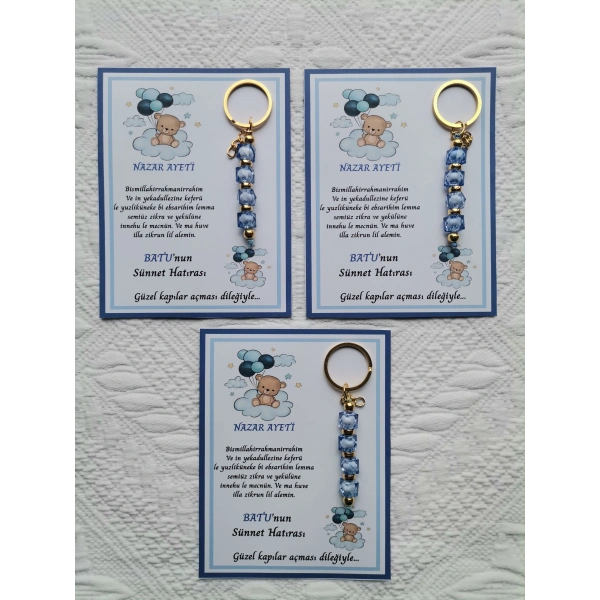 72 Adet Balonlu Ayı Kişiye Özel Nazar Ayeti Sünnet Hatırası Dağıtmalık Mavi Anahtarlık Hediyelik