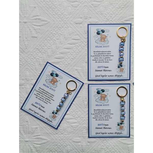 72 Adet Balonlu Ayı Kişiye Özel Nazar Ayeti Sünnet Hatırası Dağıtmalık Mavi Anahtarlık Hediyelik