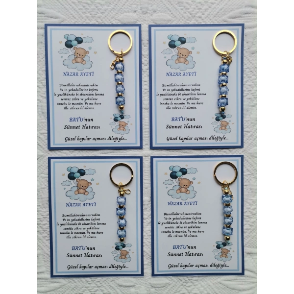 72 Adet Balonlu Ayı Kişiye Özel Nazar Ayeti Sünnet Hatırası Dağıtmalık Mavi Anahtarlık Hediyelik