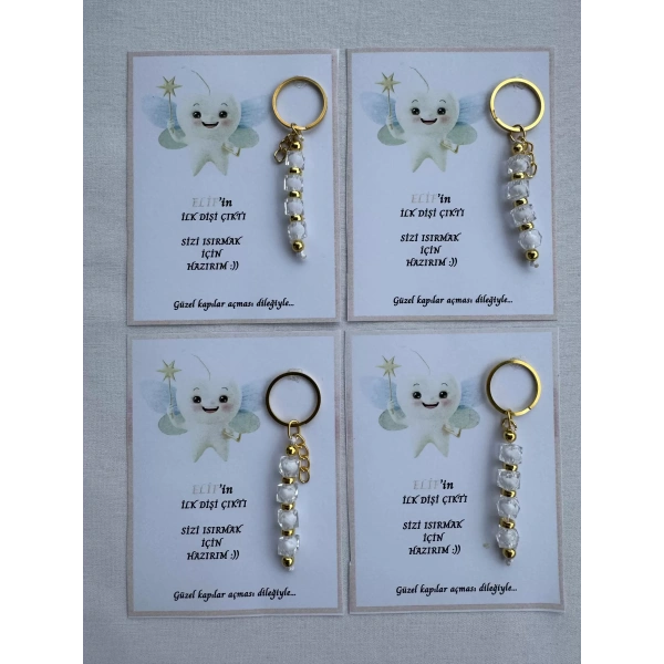 100 Adet Beyaz Renk İsme Özel İlk Dişim Çıktı Diş Partisi Diş Buğdayı Hatırası Hediyelik Anahtarlık