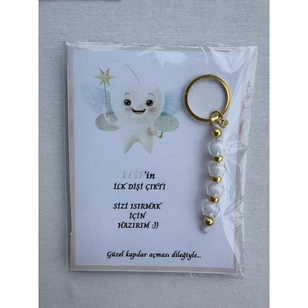 100 Adet Beyaz Renk İsme Özel İlk Dişim Çıktı Diş Partisi Diş Buğdayı Hatırası Hediyelik Anahtarlık