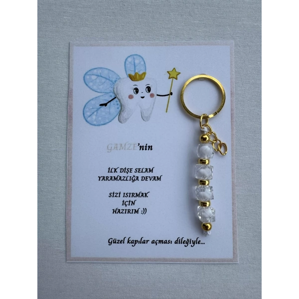 100 Adet Beyaz Renk İsme Özel İlk Dişim Çıktı Diş Partisi Diş Buğdayı Hatırası Hediyelik Anahtarlık