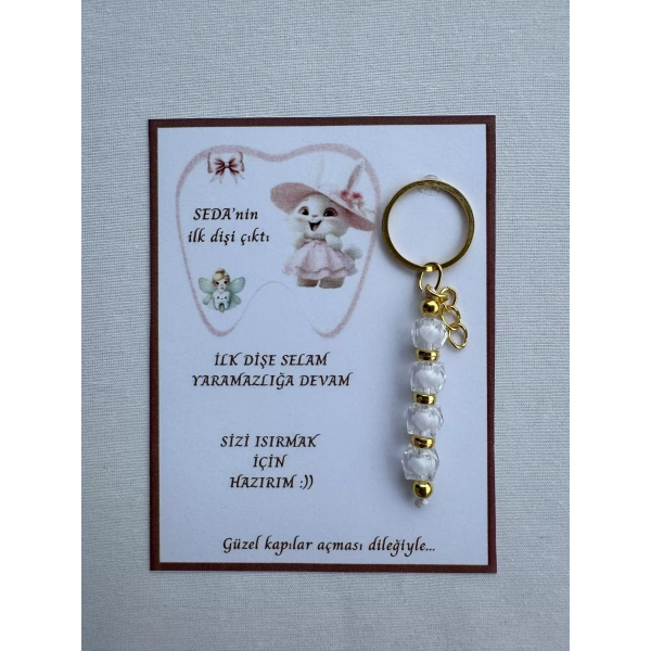 24 Adet Beyaz Renk İsme Özel İlk Dişim Çıktı Diş Partisi Diş Buğdayı Hatırası Hediyelik Anahtarlık