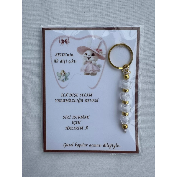 24 Adet Beyaz Renk İsme Özel İlk Dişim Çıktı Diş Partisi Diş Buğdayı Hatırası Hediyelik Anahtarlık