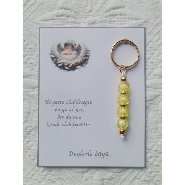100 Adet Dualarla Büyü Yazılı Hastane,Yeni Doğan, 40 Mevlidi, Dağıtmalık Sarı Anahtarlık Hediyelik