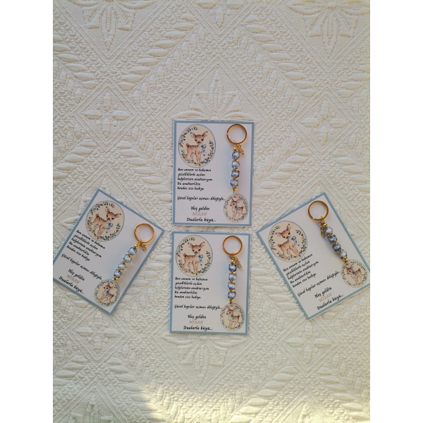 24 Adet Geyik Model Özel Tasarım Mavi Anahtarlık Hastane Yeni Doğan 40 Mevlidi Hediyelik