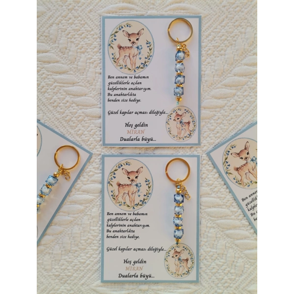 24 Adet Geyik Model Özel Tasarım Mavi Anahtarlık Hastane Yeni Doğan 40 Mevlidi Hediyelik