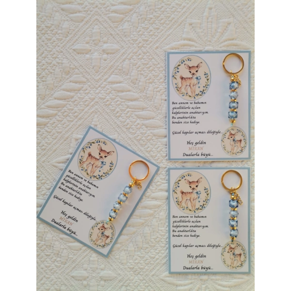 24 Adet Geyik Model Özel Tasarım Mavi Anahtarlık Hastane Yeni Doğan 40 Mevlidi Hediyelik